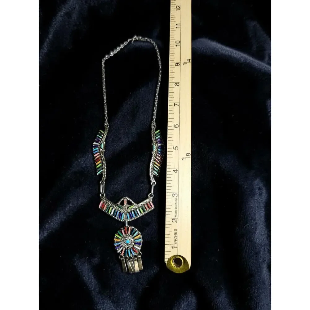 Zuni Sterling Multi-stone Rainbow Petit Point Necklace, Pendant & Earring Set